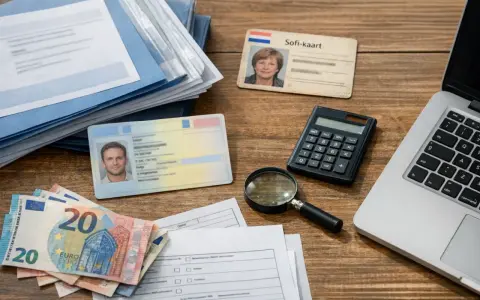 Dokumenty, pieniądze i kalkulator na biurku. Widoczny jest Sofi-kaart, dowód osobisty, euro i formularze, które mogą być związane z numerem podatkowym Holandia.