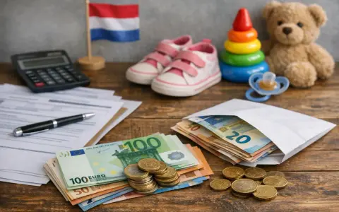 Holandia: ulga podatkowa na dziecko. Pieniądze, dokumenty, kalkulator, zabawki i flaga Holandii sugerują rozliczenie podatkowe związane z dzieckiem.