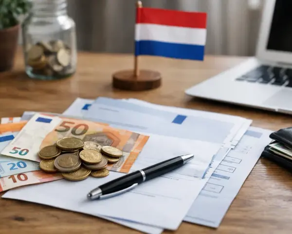 Euro banknoty, monety, dokumenty i flaga Holandii na biurku. Zastanawiasz się, kiedy można zmienić ubezpieczenie w Holandii?