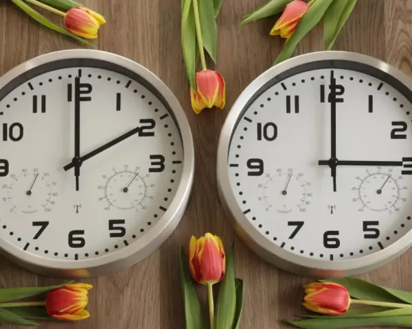 Two clocks on a wooden surface surrounded by tulips. One clock shows 1:45, the other shows 2:45.