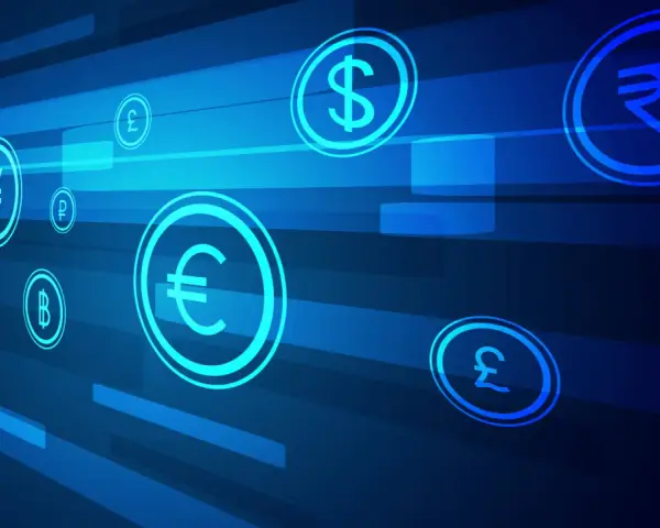 Wirtualne symbole walut, jak euro i dolar, unoszą się w cyfrowej przestrzeni. Zastanawiasz się, ile idzie przelew z Holandii do Polski?