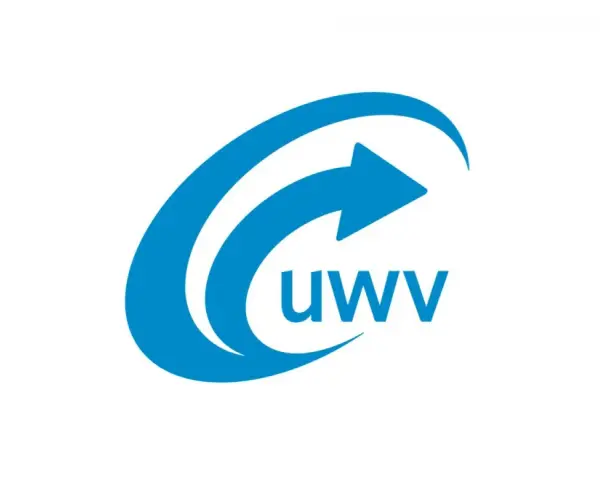 Blauw logo met een pijl die een cirkel volgt, met de tekst "uwv" eronder. Dit is het logo van UWV, wat staat voor 'uitvoeringsinstituut werknemersverzekeringen'.