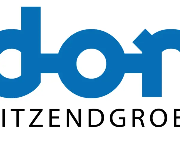Logo DON Uitzendgroep. Niebieski napis DON z białym kółkiem w środku, poniżej czarny napis Uitzendgroep.