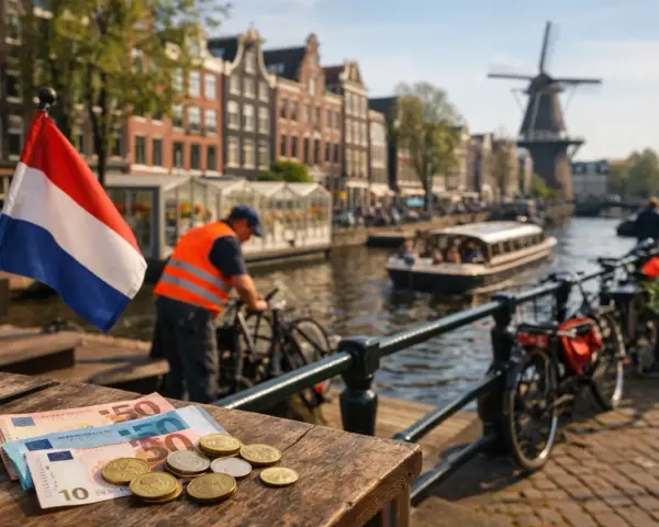 Euro's op tafel in Amsterdam, met een Nederlandse vlag. Droom je van praca holandia 500 euro tygodniowo?