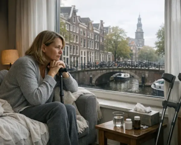 Kobieta z laską patrzy przez okno na Amsterdam. Myśli o swojej przyszłości i o tym, jak sobie poradzi, gdy skończy się renta w Holandii.