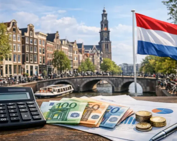 Eurobiljetten, munten en een rekenmachine op een tafel met Amsterdamse grachten op de achtergrond. Hoeveel verdient een arts in Nederland?