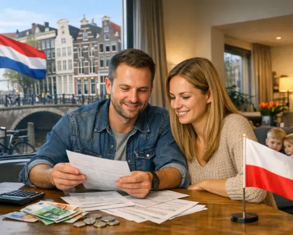 Para analizująca dokumenty i pieniądze, z polską flagą na stole. W tle widać Amsterdam, sugerując starania o zasilek Holandia.