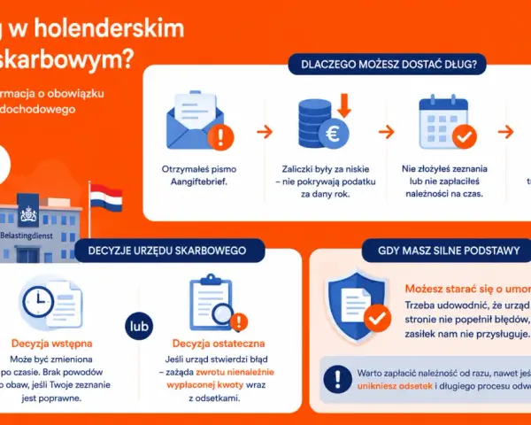 Holenderski urząd skarbowy (Belastingdienst) może uznać Cię za dłużnika, jeśli zaliczki były za niskie lub nie zapłaciłeś na czas. Brak ubezpieczenia w Holandii może prowadzić do takich sytuacji.