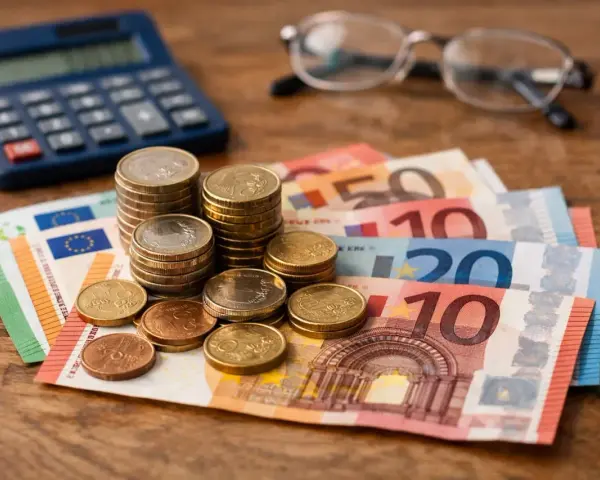Euro banknoty i monety, kalkulator i okulary. Planowanie emerytury w Holandii wymaga oszczędności.