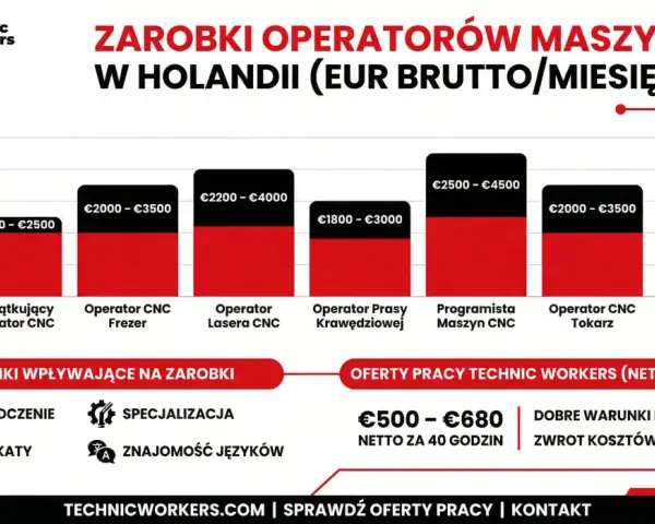 Zarobki operatora CNC w Holandii: od €1800 do €4500 miesięcznie brutto, zależnie od specjalizacji i doświadczenia.