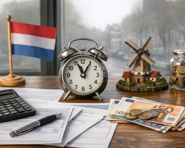 Nederlandse vlag, wekker, geld en molen. Tijd om de belastingdienst po polsku te regelen.