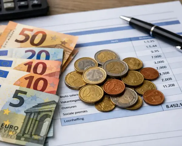 Euro banknoty i monety na dokumencie z danymi finansowymi. Planowanie budżetu na remonty w Holandii.