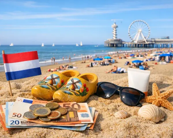 Holenderska flaga, drewniaki, pieniądze i okulary przeciwsłoneczne na plaży. Idealne wakacje w Holandii!