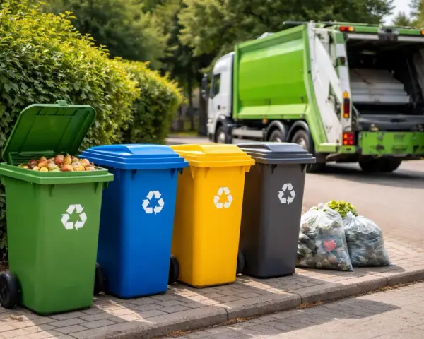 Kolorowe pojemniki na śmieci i śmieciarka symbolizują efektywny recykling w Holandii.