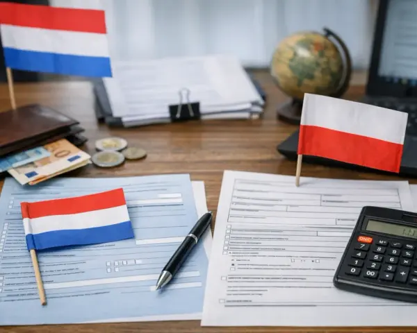 Flagi Holandii i Polski, pieniądze, dokumenty i kalkulator na biurku. Rozliczenie podatkowe, pit zerowy.