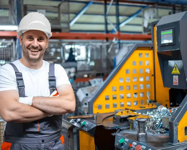 Larex: een lachende arbeider in een fabriek, klaar voor nieuwe uitdagingen. Ontdek onze vacatures!