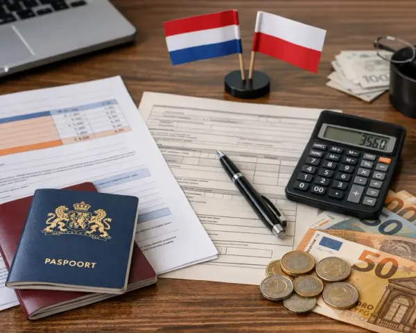 Dokumenty, paszporty, flagi Polski i Holandii, kalkulator i pieniądze sugerują wypłatę składek emerytalnych z Holandii.