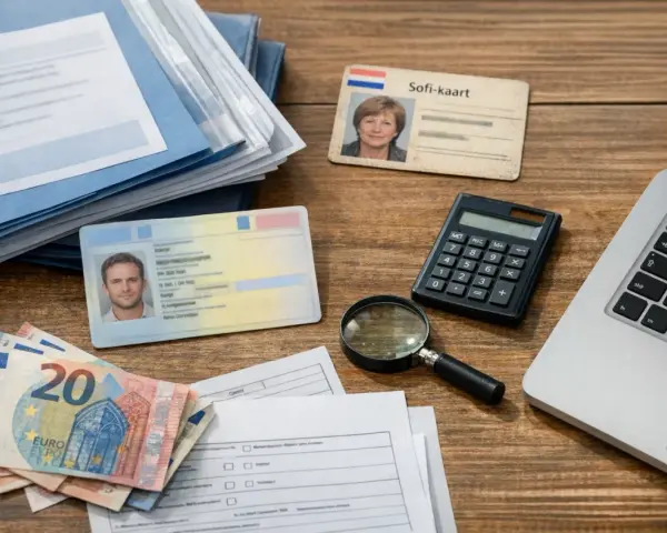 Dokumenty, pieniądze i kalkulator na biurku. Widoczny jest Sofi-kaart, dowód osobisty, euro i formularze, które mogą być związane z numerem podatkowym Holandia.