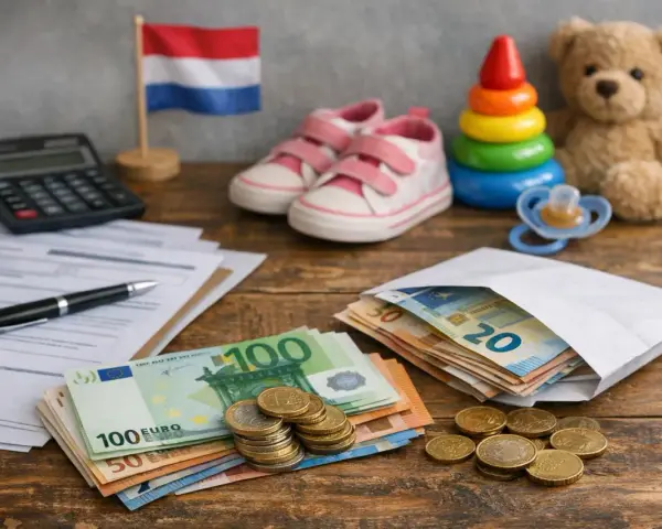 Holandia: ulga podatkowa na dziecko. Pieniądze, dokumenty, kalkulator, zabawki i flaga Holandii sugerują rozliczenie podatkowe związane z dzieckiem.