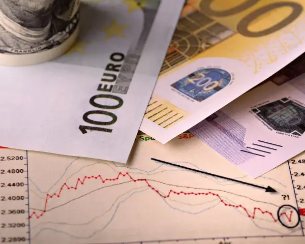 Euro banknoty 100 i 200 na wykresie giełdowym. Wypełniony pit-36 zg wzór.