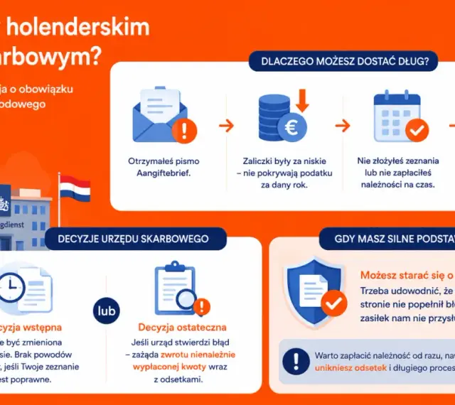 Holenderski urząd skarbowy (Belastingdienst) może uznać Cię za dłużnika, jeśli zaliczki były za niskie lub nie zapłaciłeś na czas. Brak ubezpieczenia w Holandii może prowadzić do takich sytuacji.