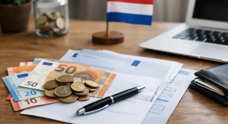 Euro banknoty, monety, dokumenty i flaga Holandii na biurku. Zastanawiasz się, kiedy można zmienić ubezpieczenie w Holandii?