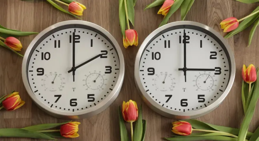 Two clocks on a wooden surface surrounded by tulips. One clock shows 1:45, the other shows 2:45.