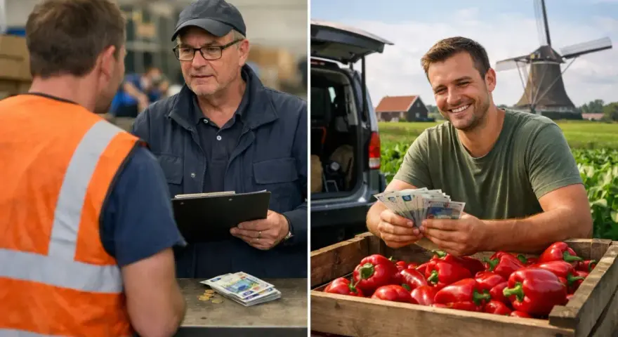 Dwóch mężczyzn, jeden w kamizelce odblaskowej, drugi w czapce, rozmawia o pieniądzach. Obok rolnik liczy banknoty przy skrzyni papryk, a w tle wiatrak. To obraz dla timing agencji.