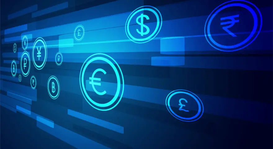 Wirtualne symbole walut, jak euro i dolar, unoszą się w cyfrowej przestrzeni. Zastanawiasz się, ile idzie przelew z Holandii do Polski?