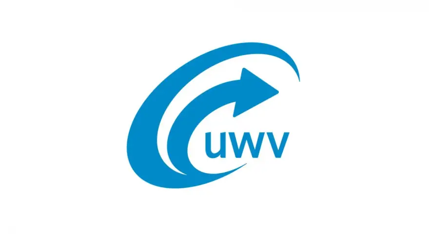 Blauw logo met een pijl die een cirkel volgt, met de tekst "uwv" eronder. Dit is het logo van UWV, wat staat voor 'uitvoeringsinstituut werknemersverzekeringen'.