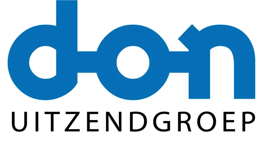 Logo DON Uitzendgroep. Niebieski napis DON z białym kółkiem w środku, poniżej czarny napis Uitzendgroep.