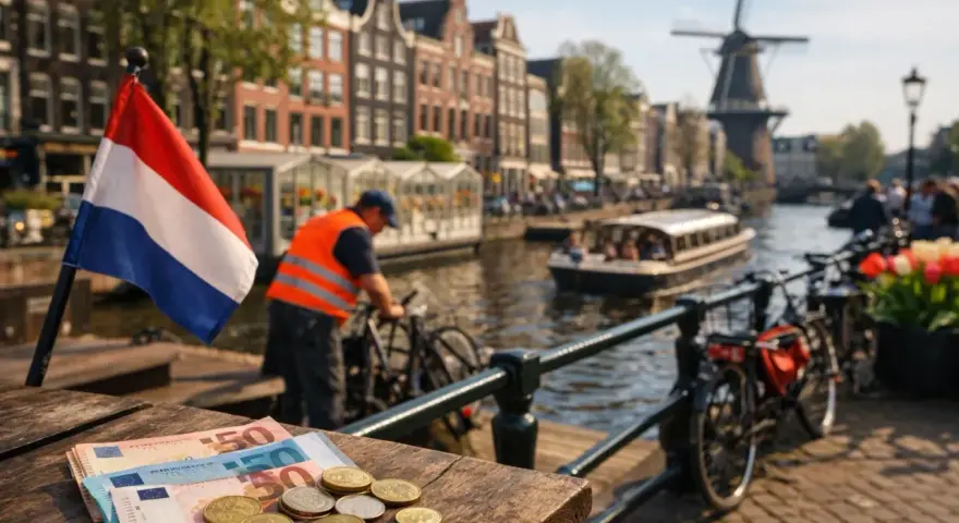 Euro's op tafel in Amsterdam, met een Nederlandse vlag. Droom je van praca holandia 500 euro tygodniowo?