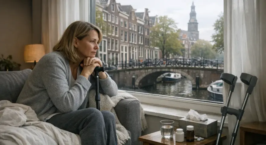 Kobieta z laską patrzy przez okno na Amsterdam. Myśli o swojej przyszłości i o tym, jak sobie poradzi, gdy skończy się renta w Holandii.