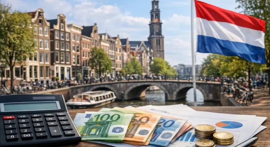Eurobiljetten, munten en een rekenmachine op een tafel met Amsterdamse grachten op de achtergrond. Hoeveel verdient een arts in Nederland?