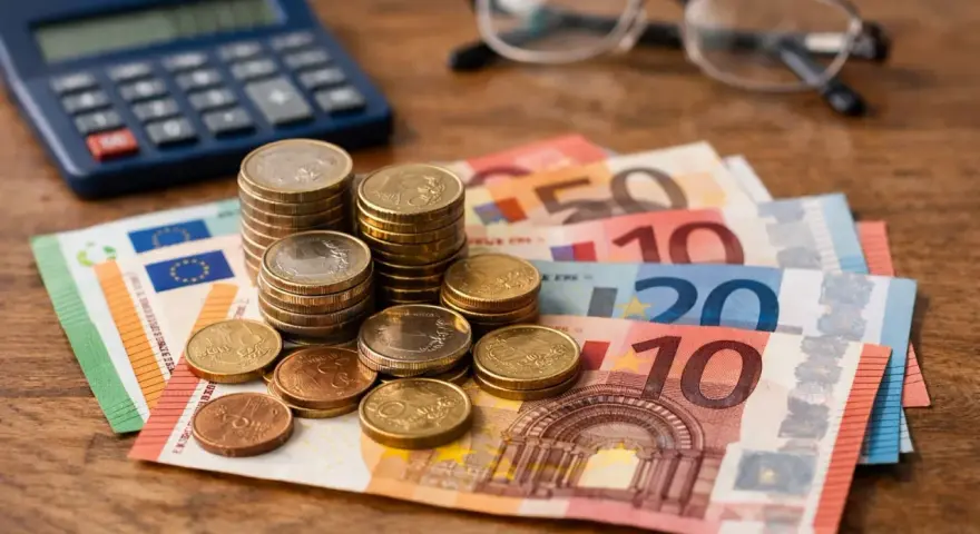 Euro banknoty i monety, kalkulator i okulary. Planowanie emerytury w Holandii wymaga oszczędności.