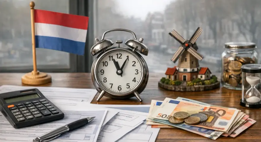 Nederlandse vlag, wekker, geld en molen. Tijd om de belastingdienst po polsku te regelen.