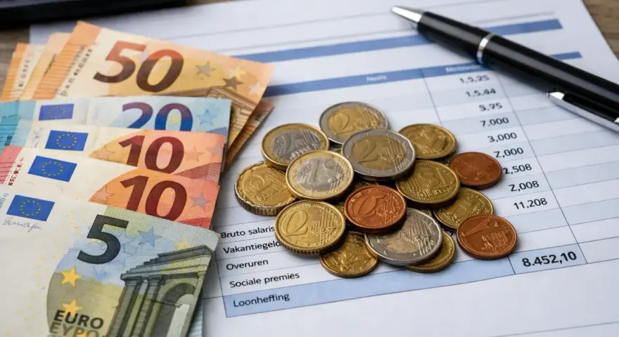 Euro banknoty i monety na dokumencie z danymi finansowymi. Planowanie budżetu na remonty w Holandii.