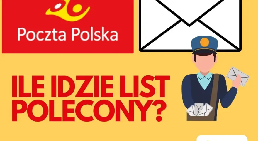 Grafika z logo Poczty Polskiej i pytaniem: "Ile idzie list z Polski do Holandii?". Widoczny listonosz z listami.