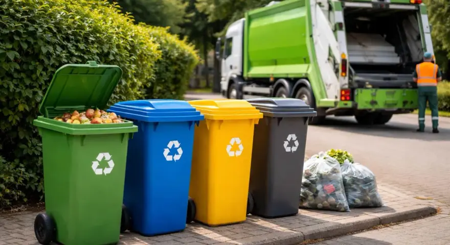 Kolorowe pojemniki na śmieci i śmieciarka symbolizują efektywny recykling w Holandii.