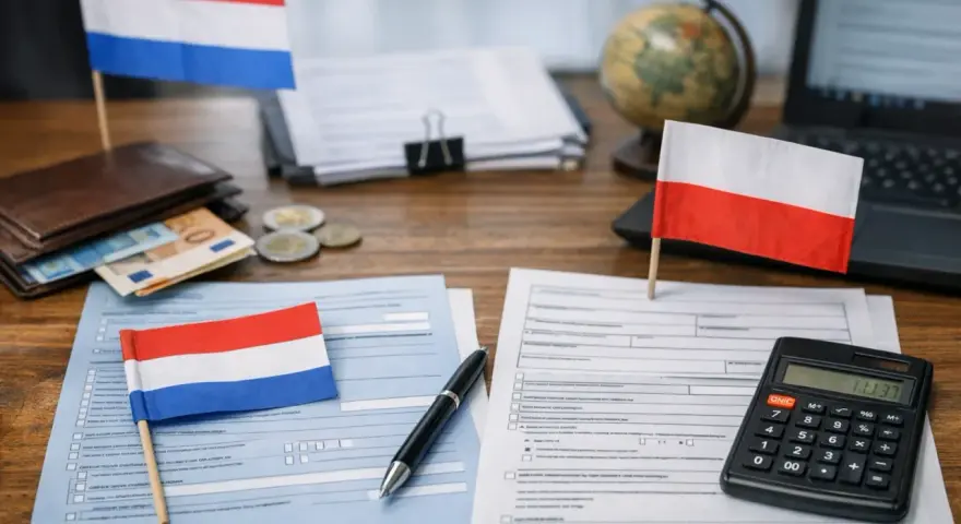 Flagi Holandii i Polski, pieniądze, dokumenty i kalkulator na biurku. Rozliczenie podatkowe, pit zerowy.