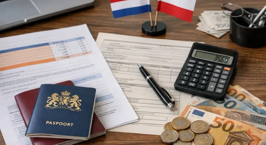 Dokumenty, paszporty, flagi Polski i Holandii, kalkulator i pieniądze sugerują wypłatę składek emerytalnych z Holandii.