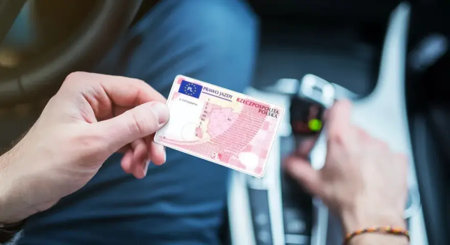 Polak trzyma polskie prawo jazdy w samochodzie. Dokument jest ważny w całej Unii Europejskiej, w tym w Holandii.