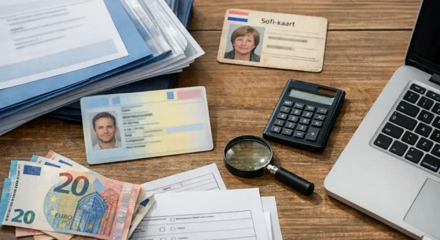 Dokumenty, pieniądze i kalkulator na biurku. Widoczny jest Sofi-kaart, dowód osobisty, euro i formularze, które mogą być związane z numerem podatkowym Holandia.