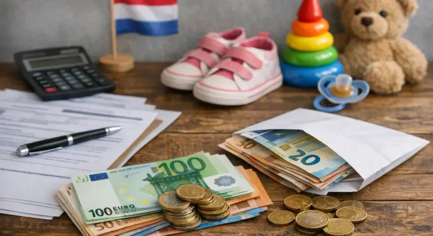 Holandia: ulga podatkowa na dziecko. Pieniądze, dokumenty, kalkulator, zabawki i flaga Holandii sugerują rozliczenie podatkowe związane z dzieckiem.