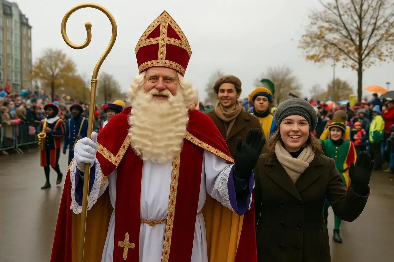 Święty Mikołaj z laską i pomocnikami w Holandii. Radosny dzień taty w Holandii, pełen uśmiechów i pozdrowień.