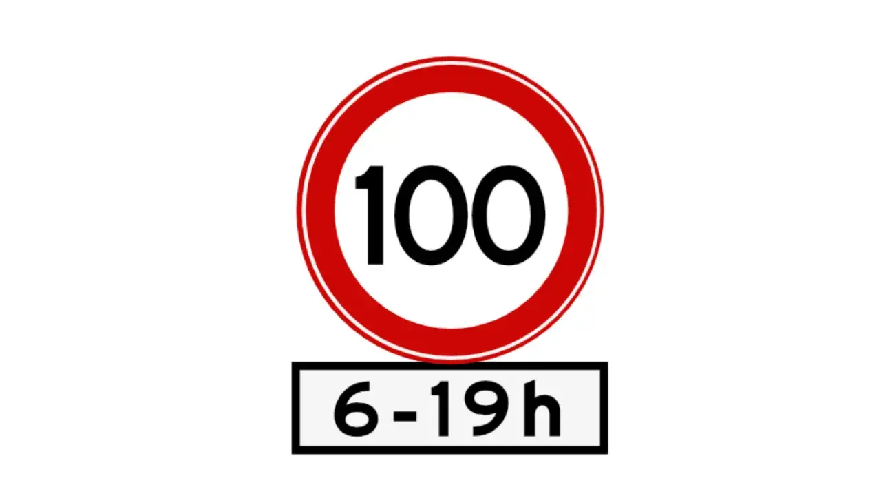 Znak drogowy: ograniczenie prędkości do 100 km/h w godzinach 6-19. Obowiązuje w Holandii.
