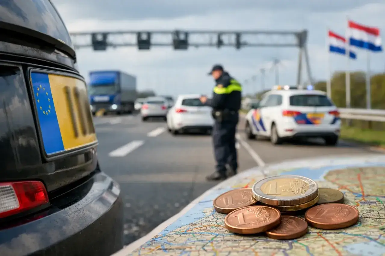 Na drodze w Holandii policja kontroluje ruch. Na pierwszym planie mapa i monety euro, symbolizujące podróż i koszty.