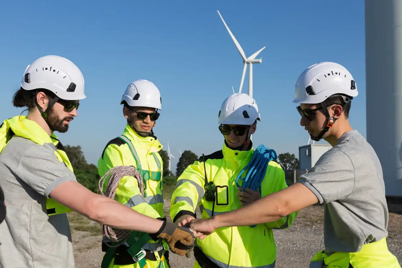 Zespół elektryków w Holandii, w kaskach i kamizelkach odblaskowych, z linami w rękach, jednoczy się przed pracą przy turbinach wiatrowych.