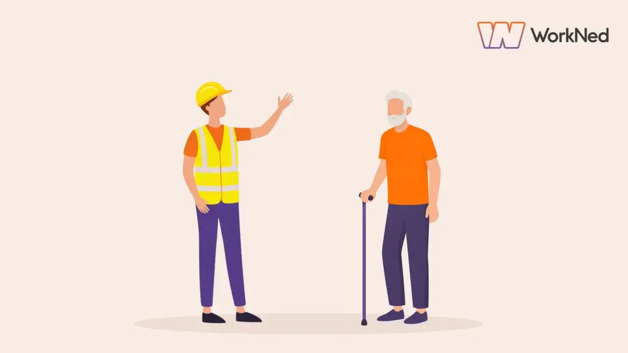 Een jonge bouwvakker met een stipp hollandia-hesje praat met een oudere man met een wandelstok.