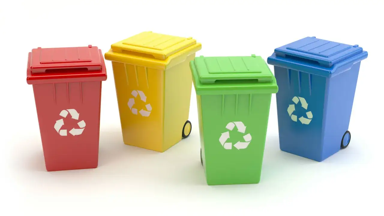 Cztery kolorowe kosze na śmieci (czerwony, żółty, zielony, niebieski) z symbolami recyklingu, jak w Holandii.